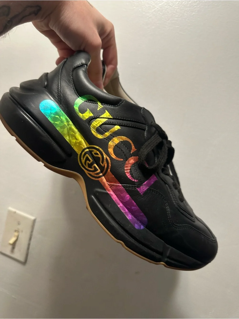 Gucci Black Leather Men's Sneaker with Rainbow Logo Accent 8.5